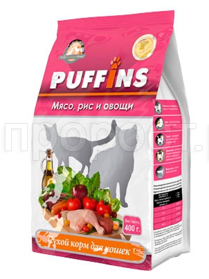 Корм для кошек Пуффинс 400г мясо/рис/овощи сухой